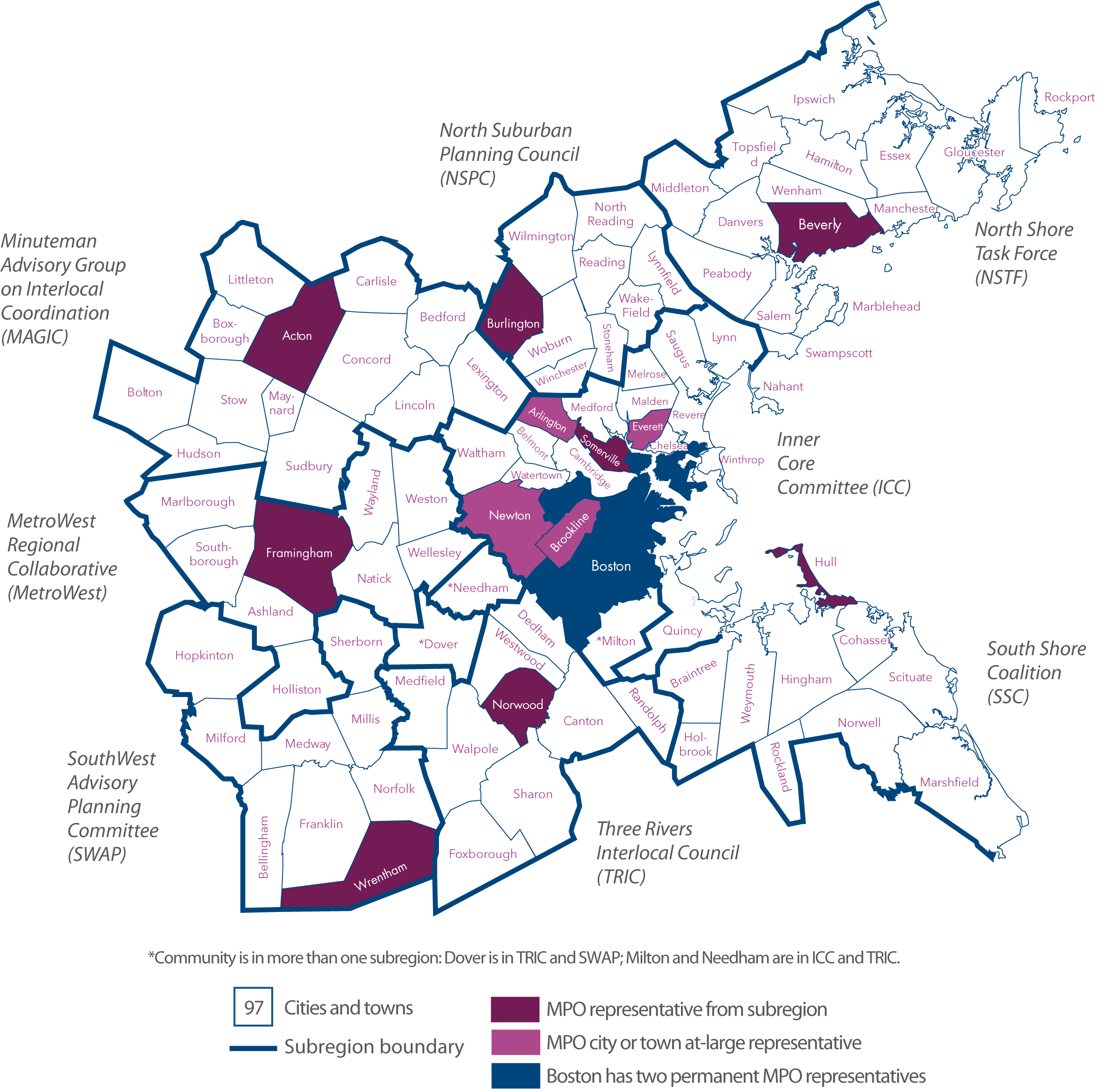 This is a map of the cities and towns in the Boston Region. There are 97 cities and towns within the Boston Region Metropolitan Planning Organization’s planning area 